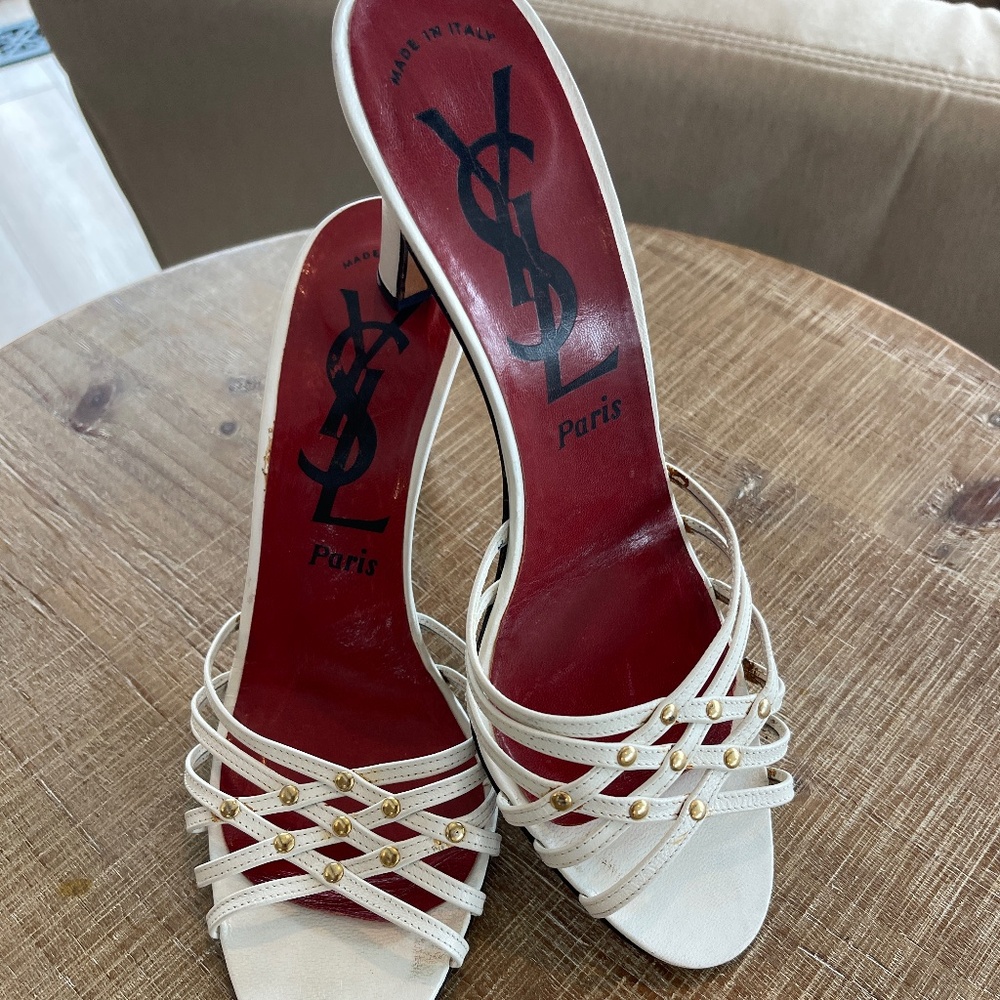 Yves Saint Laurent White Strappy Gold-Stud Heels